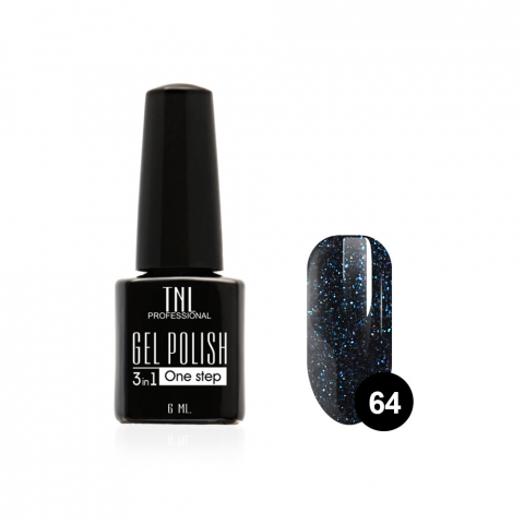 TNL Гель-лак 3 в 1 №64 черный с синими блестками, 6 мл.
